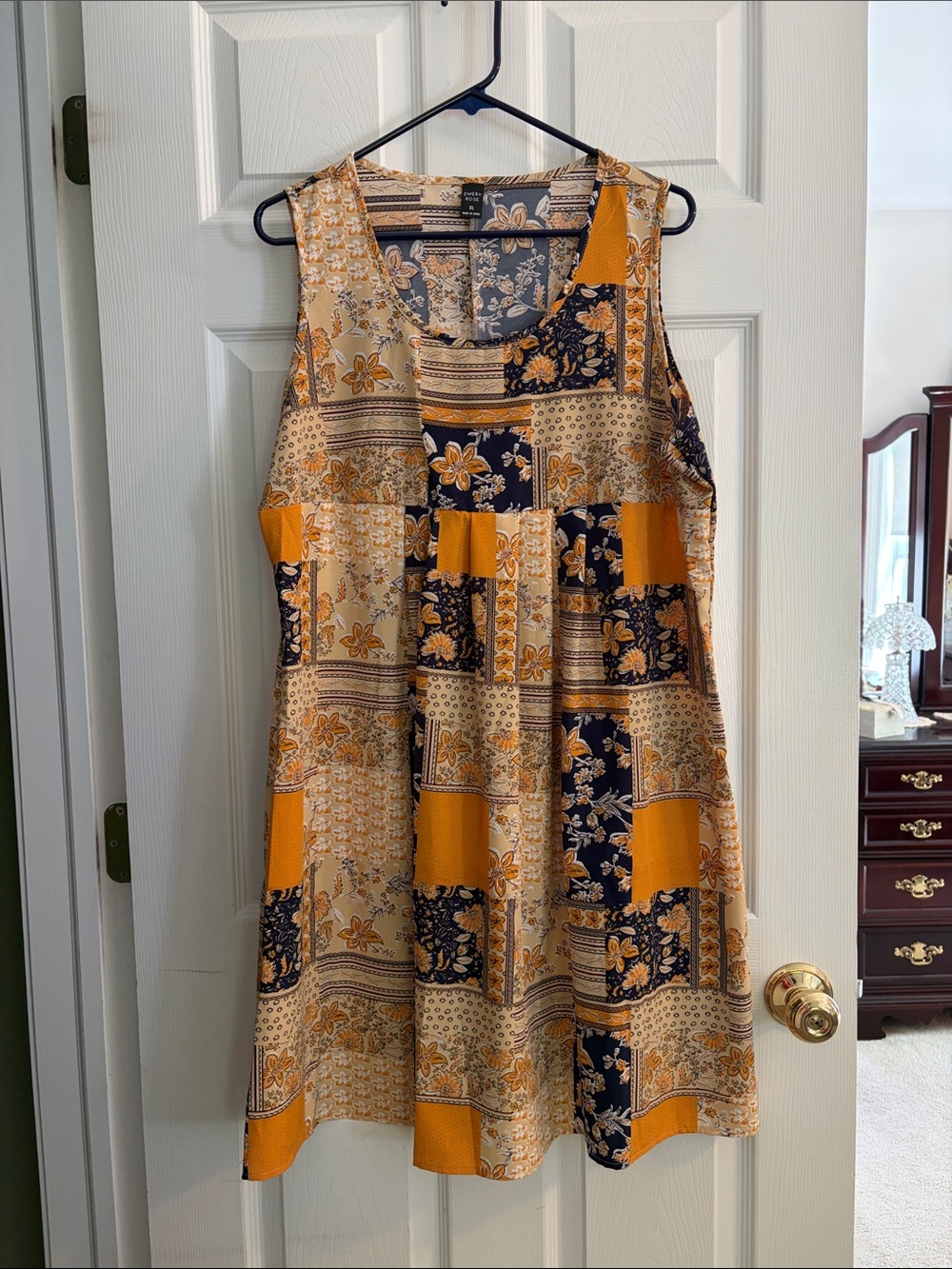 Sleeveless Patchwork Floral Sundress in Mustard and Navy